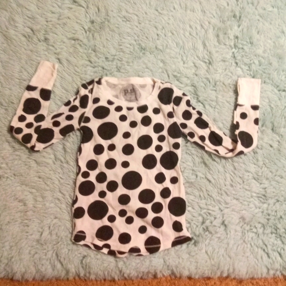 Girls size 12 white long sleeve shirt with black polka dots.